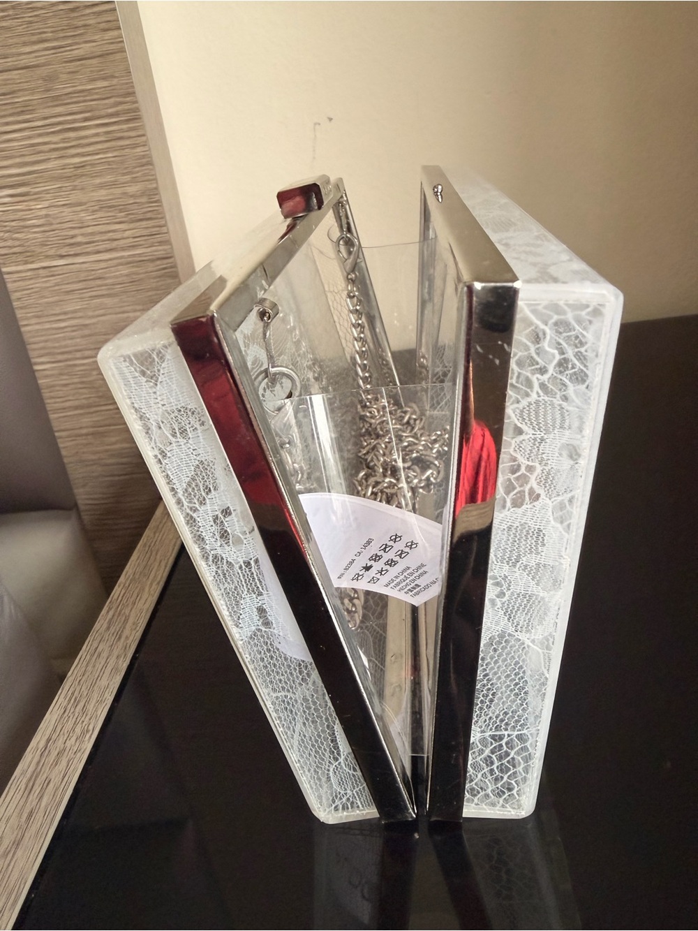ALDO Lillooet Lucite "BRIDE" Clutch Bag with Lace & Silver Chain